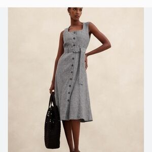 Banana Republic Linen Blend Grey And White Pinstripe Dress